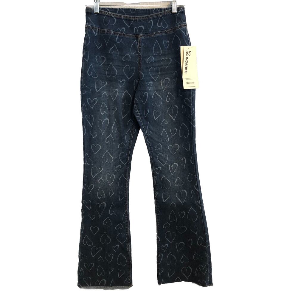No Boundaries Womens Pants XS Blue Hearts Frayed Hem Pull On‎ Jeans Y2K Hippie